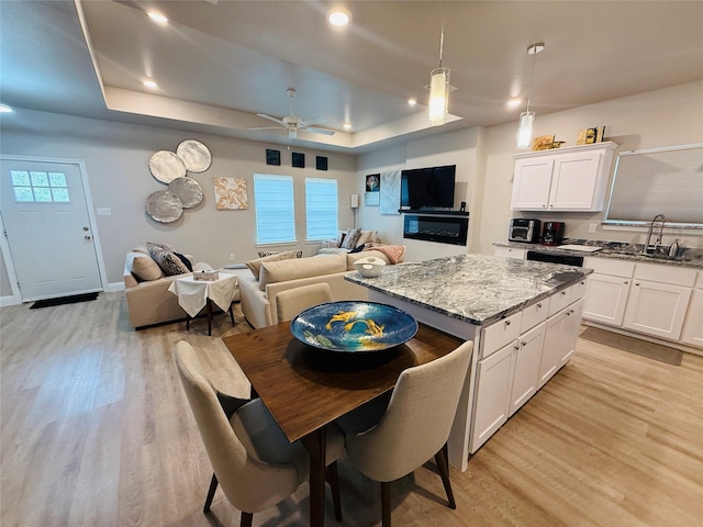 kitchen featuring a sink, open floor plan, light wood-style flooring, and a raised ceiling
