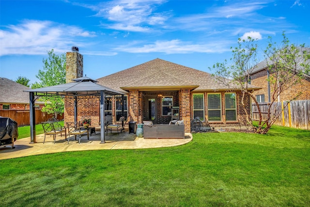 714 Lone Star Ct, Wylie, TX 75098 - back of house with an outdoor living space, brick siding, a shingled roof, a gazebo, and a patio area