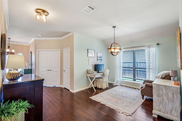 714 Lone Star Ct, Wylie, TX 75098 - living area with a chandelier, a desk, dark wood-style floors, baseboards, and ornamental molding