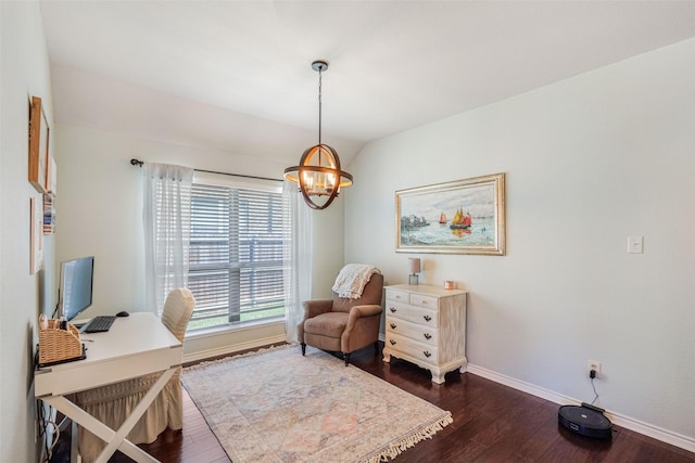 714 Lone Star Ct, Wylie, TX 75098 - office area with baseboards, a chandelier, dark wood-type flooring, and lofted ceiling