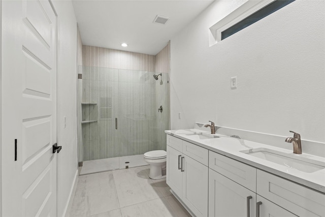 full bath with a sink, visible vents, toilet, and a stall shower