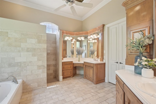 full bathroom with two vanities, ornamental molding, tile patterned flooring, a bath, and ceiling fan