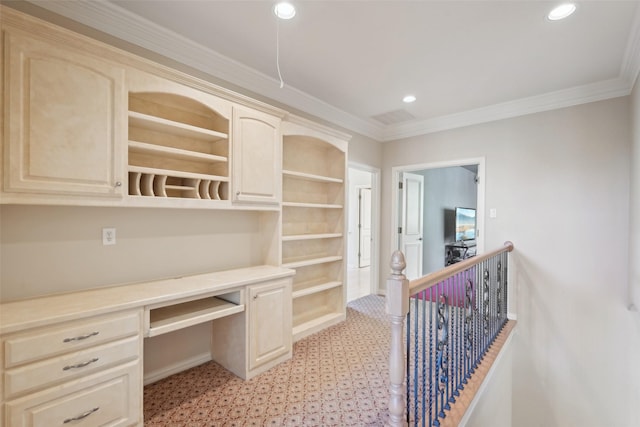 unfurnished office featuring crown molding, visible vents, built in study area, and recessed lighting