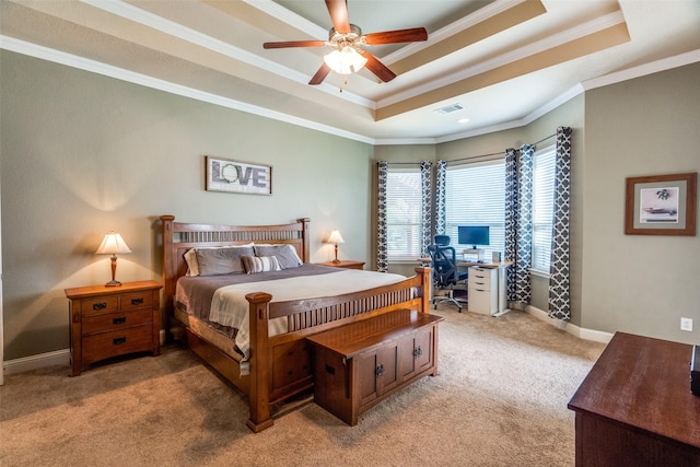 912 Lorene Dr, Wylie, TX 75098 - bedroom with a tray ceiling, light colored carpet, an office area, ornamental molding, and baseboards