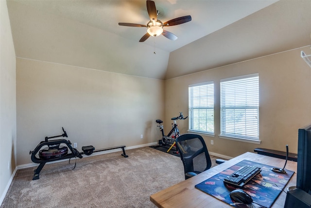 912 Lorene Dr, Wylie, TX 75098 - carpeted office featuring ceiling fan, baseboards, and vaulted ceiling