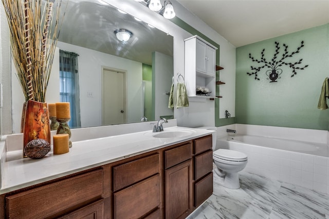 2027 Pine Knot Dr, Heartland, TX 75126 - bathroom featuring a bath, vanity, toilet, and marble look tile flooring