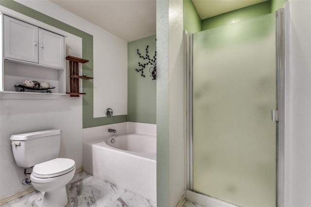2027 Pine Knot Dr, Heartland, TX 75126 - bathroom featuring marble look tiles, toilet, a bath, and a stall shower