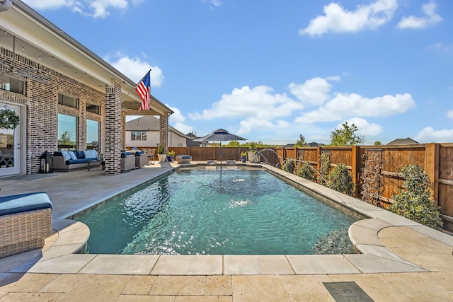 view of pool with an outdoor hangout area, a fenced backyard, and a patio