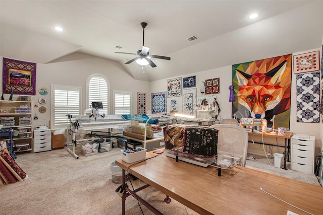 carpeted home office with vaulted ceiling, a ceiling fan, visible vents, and recessed lighting