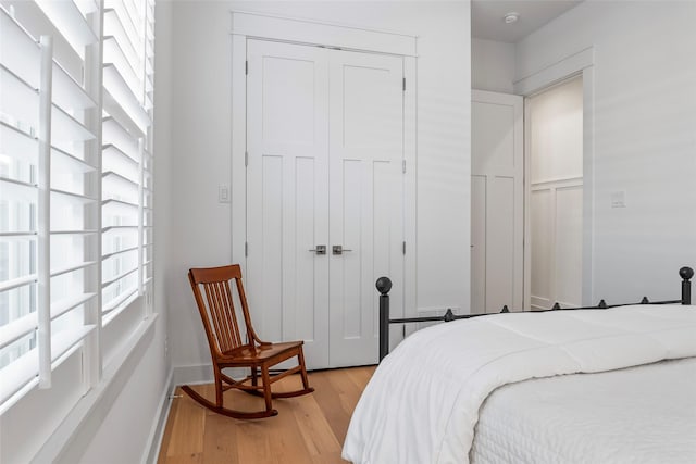 bedroom featuring a closet, multiple windows, and light wood-type flooring