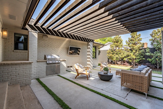 5948 Melshire Dr, Dallas, TX 75230 - view of patio featuring an outdoor hangout area, a pergola, and an outdoor kitchen