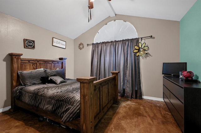 bedroom with baseboards, vaulted ceiling with beams, and a ceiling fan
