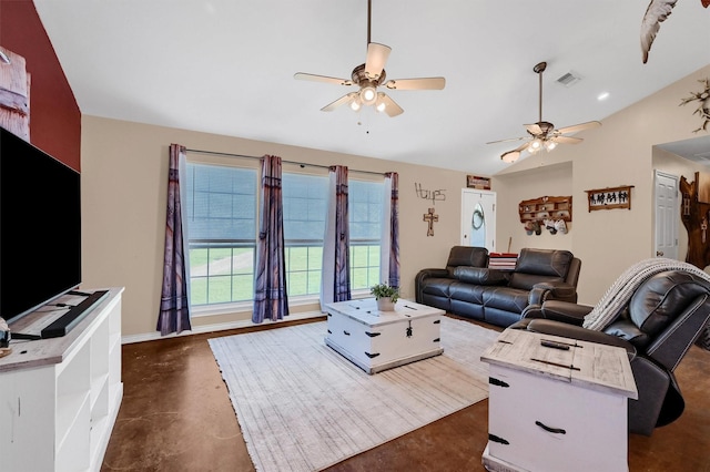 living area with concrete flooring, lofted ceiling, a ceiling fan, and visible vents