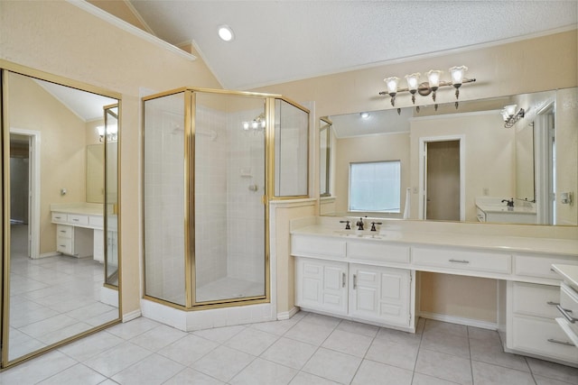 full bath featuring ornamental molding, tile patterned floors, a stall shower, and vaulted ceiling