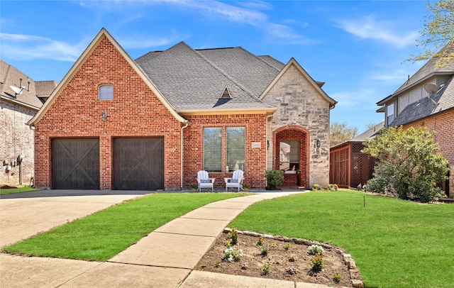 view of front of house with a front yard, concrete driveway, brick siding, a shingled roof, and stone siding