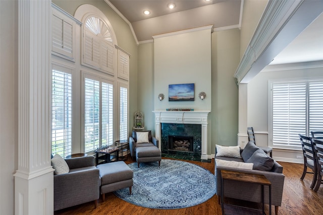 1417 Tree Farm Dr, Plano, TX 75093 - living area featuring high vaulted ceiling, a premium fireplace, wood finished floors, crown molding, and baseboards