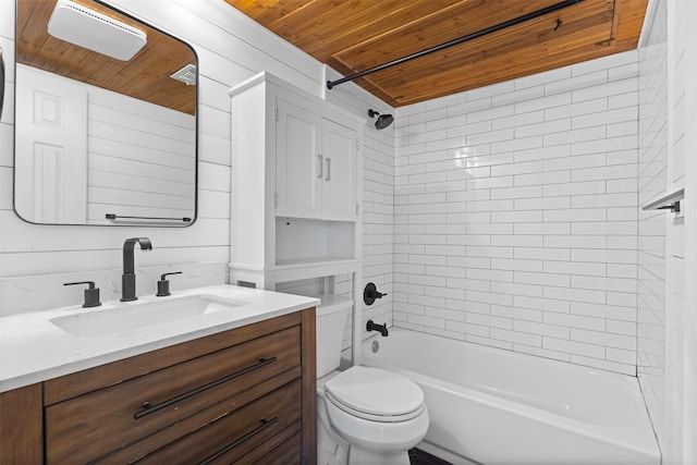 bathroom featuring vanity, toilet, wooden ceiling, and  shower combination