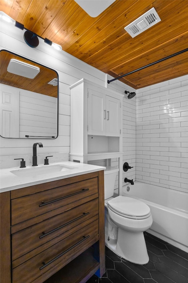 full bath with wooden ceiling, toilet, vanity, and visible vents