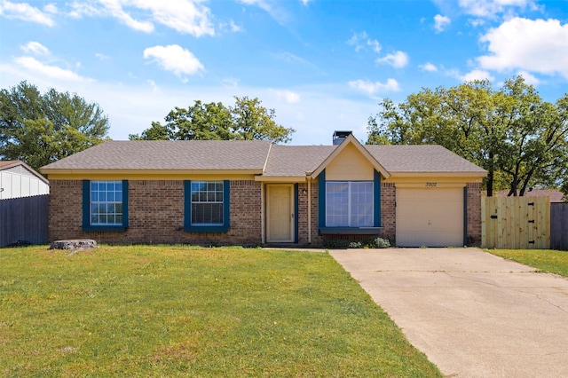 ranch-style house with a garage, brick siding, a front yard, and concrete driveway