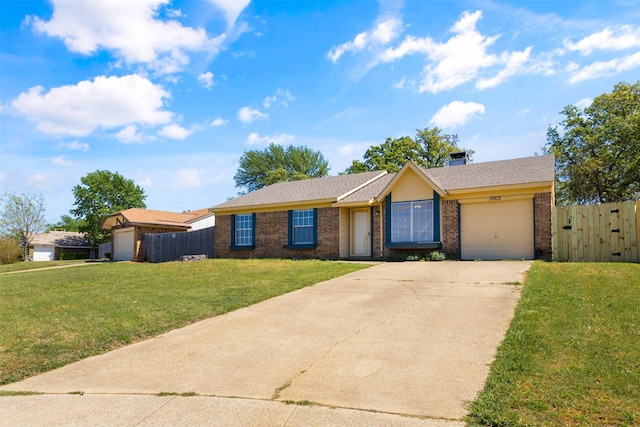 ranch-style home featuring concrete driveway, a front lawn, fence, a garage, and brick siding