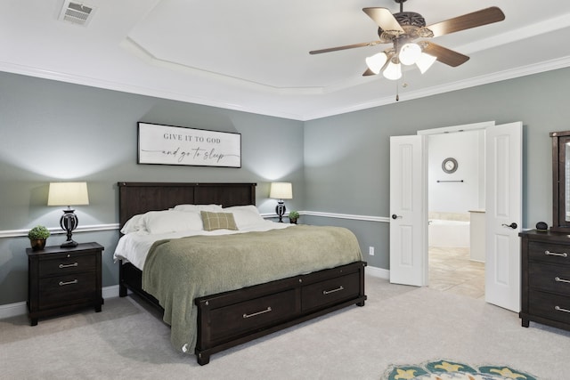 bedroom featuring light carpet, visible vents, baseboards, and crown molding