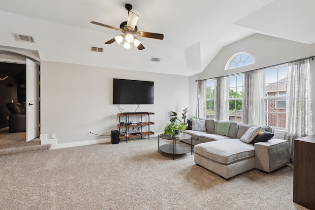 living room featuring ceiling fan, visible vents, and carpet floors