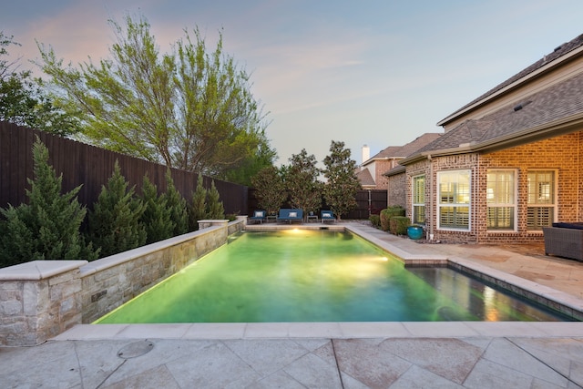 view of swimming pool featuring a patio area, a fenced backyard, and a fenced in pool