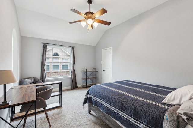 bedroom featuring baseboards, a ceiling fan, light colored carpet, and lofted ceiling