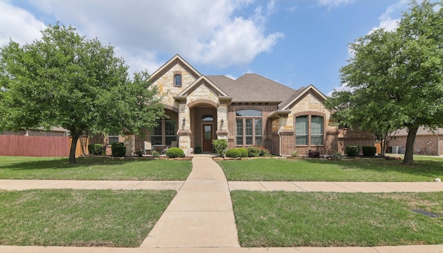 view of front of home with a front lawn, brick siding, fence, and stone siding