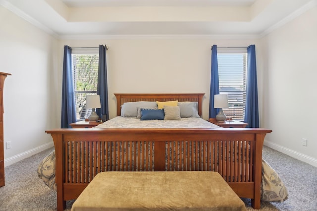 carpeted bedroom with a raised ceiling, crown molding, and multiple windows