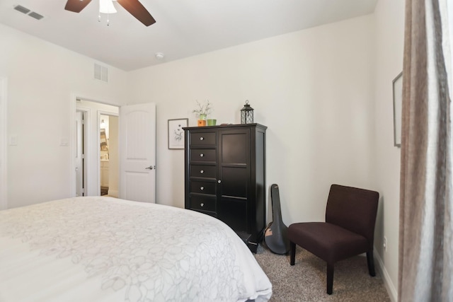 bedroom featuring visible vents, carpet flooring, and ceiling fan