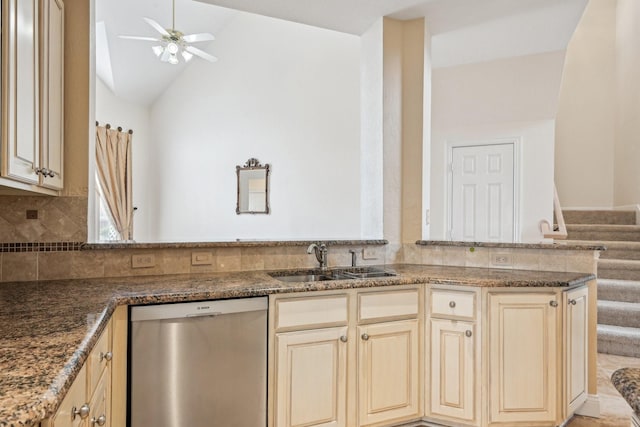 604 Nelson Ct, Plano, TX 75025 - kitchen with stainless steel dishwasher, ceiling fan, a sink, and cream cabinets