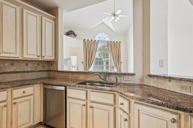 604 Nelson Ct, Plano, TX 75025 - kitchen featuring stainless steel dishwasher, a sink, decorative backsplash, and ceiling fan