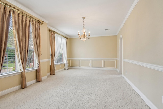 604 Nelson Ct, Plano, TX 75025 - empty room with carpet flooring, crown molding, a chandelier, and a healthy amount of sunlight