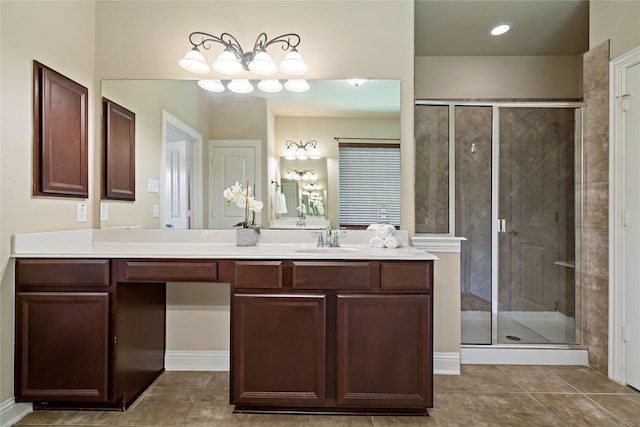 4134 Lee Hutson Dr, Sachse, TX 75048 - bathroom featuring a stall shower, vanity, and tile patterned floors