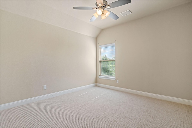 4134 Lee Hutson Dr, Sachse, TX 75048 - unfurnished room with visible vents, baseboards, ceiling fan, vaulted ceiling, and light colored carpet
