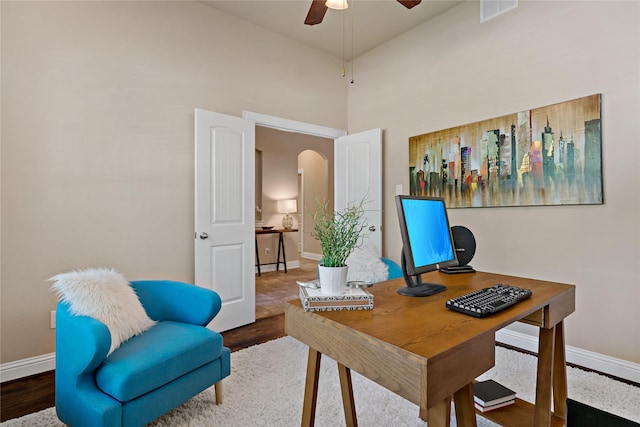 4134 Lee Hutson Dr, Sachse, TX 75048 - office featuring visible vents, ceiling fan, wood finished floors, and baseboards