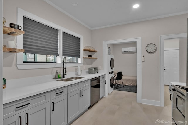 kitchen featuring ornamental molding, open shelves, dishwasher, a sink, and range with electric stovetop