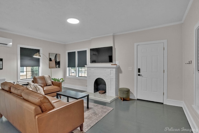 living room with crown molding, a wall unit AC, baseboards, and a brick fireplace