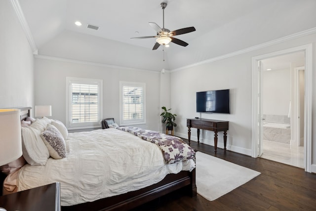 bedroom with visible vents, crown molding, baseboards, dark wood-style floors, and recessed lighting