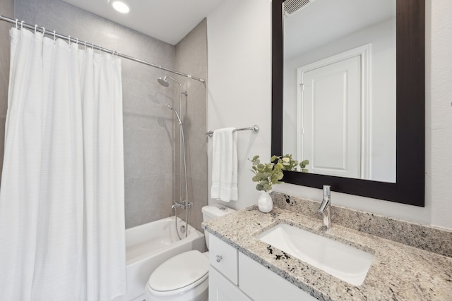 full bath featuring visible vents, vanity, toilet, shower / bath combo with shower curtain, and recessed lighting
