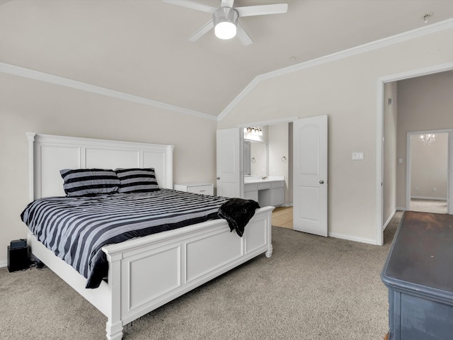bedroom featuring baseboards, light colored carpet, ornamental molding, and lofted ceiling
