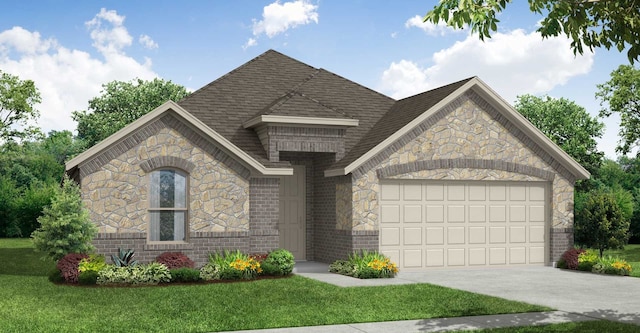 french country inspired facade with a garage, a front yard, stone siding, brick siding, and driveway