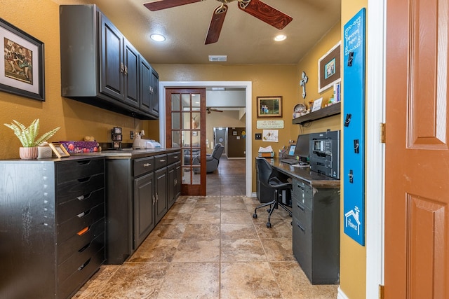 office featuring recessed lighting, ceiling fan, french doors, and visible vents