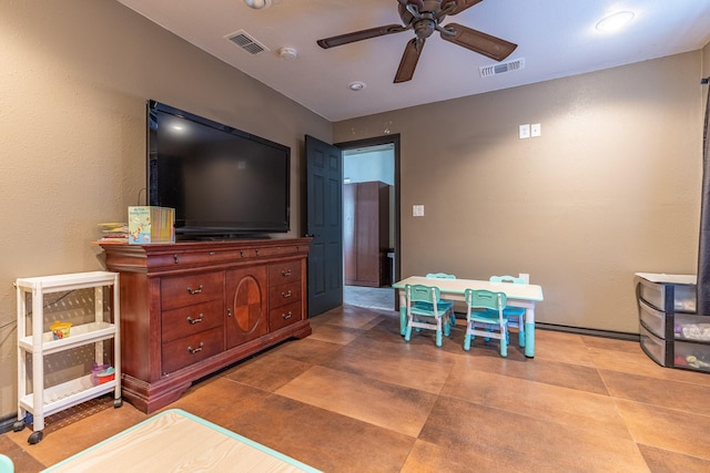 game room with visible vents, ceiling fan, and recessed lighting