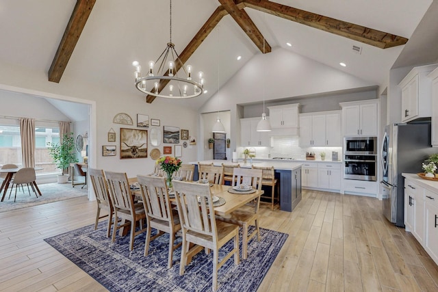 2801 Capitol Pl, Melissa, TX 75454 - dining space with high vaulted ceiling, beamed ceiling, an inviting chandelier, recessed lighting, and light wood-style flooring