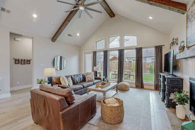 2801 Capitol Pl, Melissa, TX 75454 - living room featuring light wood-style floors, ceiling fan, beamed ceiling, and visible vents