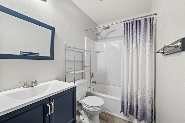 117 Independence Ave, Venus, TX 76084 - bathroom with wood finished floors, toilet, shower / bathtub combination with curtain, vanity, and a textured wall