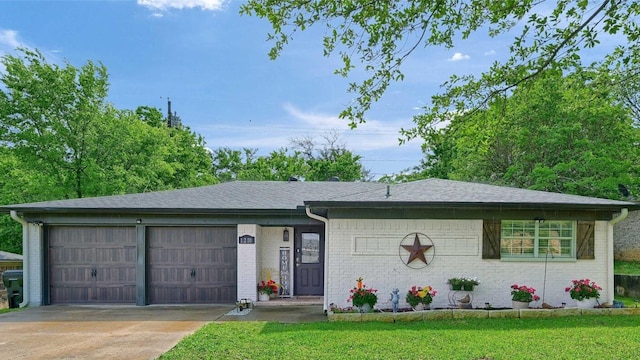 1210 Carla Dr, Denison, TX 75020 - ranch-style home featuring an attached garage, concrete driveway, brick siding, a front lawn, and a shingled roof