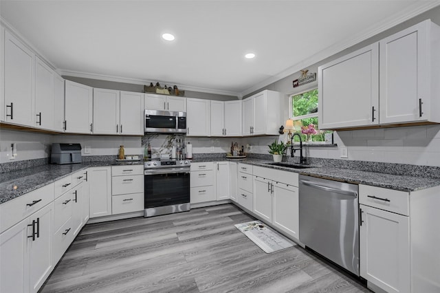 1210 Carla Dr, Denison, TX 75020 - kitchen featuring stainless steel appliances, a sink, ornamental molding, recessed lighting, and white cabinets